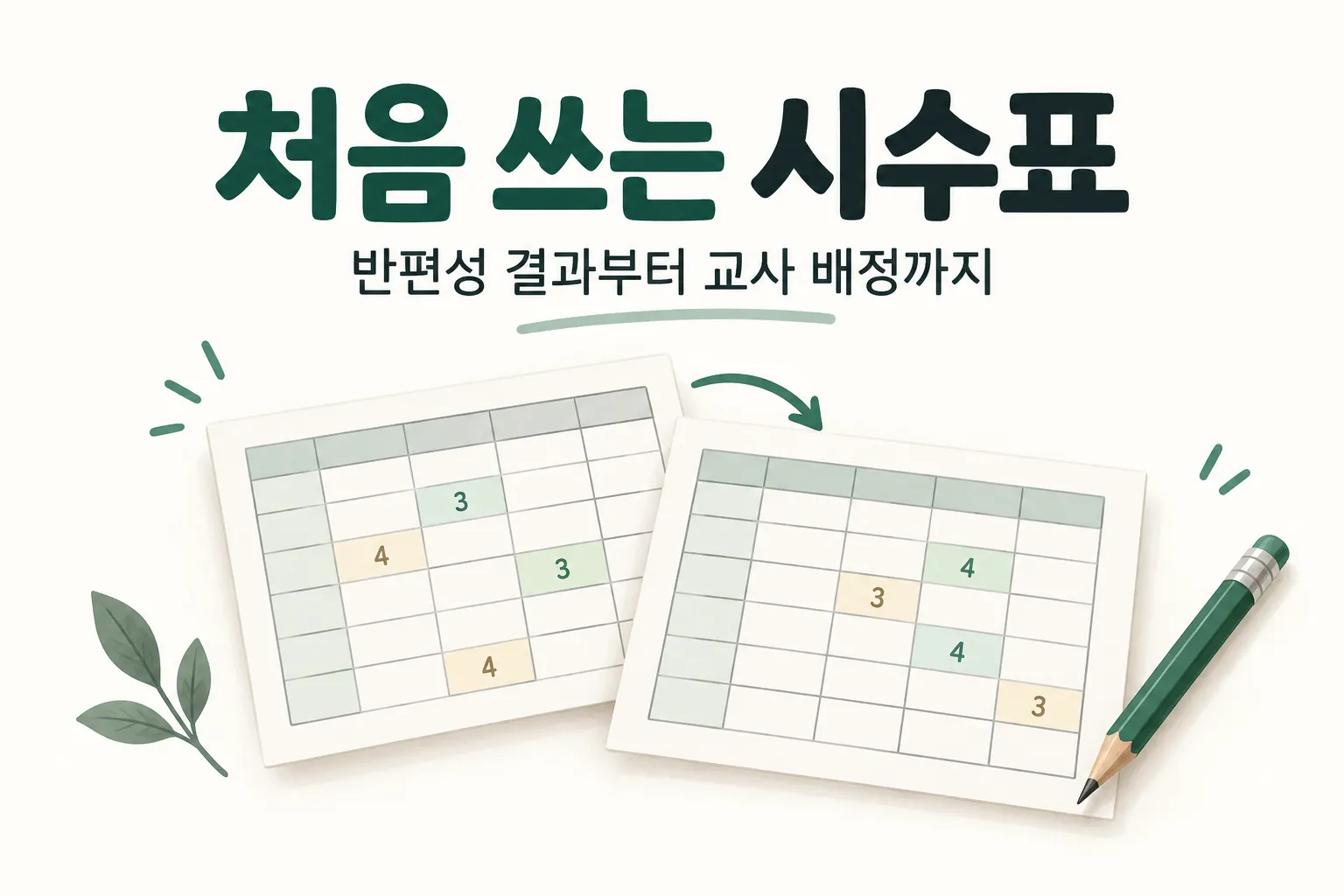 반편성 결과표에서 시수표로 이어지는 과정을 표현한 두 장의 표와 연필. 처음 쓰는 시수표, 반편성 결과부터 교사 배정까지.